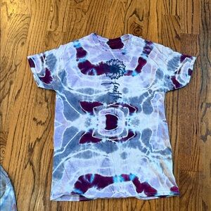 Tie dye shirt, blues and purple with faith saying and sunflower